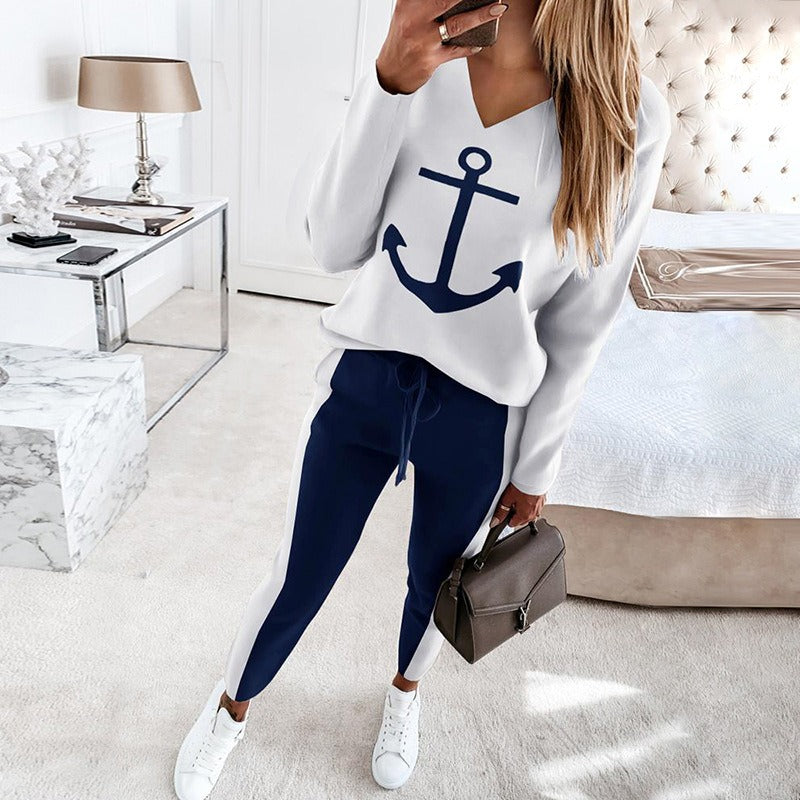 Spring New European and American Womens Boat Anchor Print Long Sleeve V Neck Fashion Casual Set