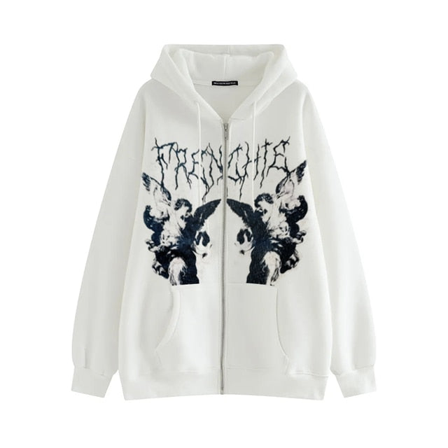 Hip Hop Streetwear Women Hoodies Goth Angel Dark Print Zipper Jacket Coat