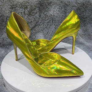 Tikicup Laser All Gold Women Sparkle Shiny Pointy Toe High Heel Shoes for Party Sexy D'Orsay Side Cut Stiletto Pumps Plus Size