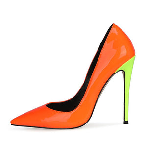 Thin Heeled High Heels, European and American Pointed Patent Leather Color Matching Light Cut Large Size Single Shoes