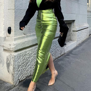 Sexy Sparkly Slit Long Skirts Women High Waist Metallic Green Slim Maxi Skirt Summer Harajuku Elegant Fairy Grunge Clothes