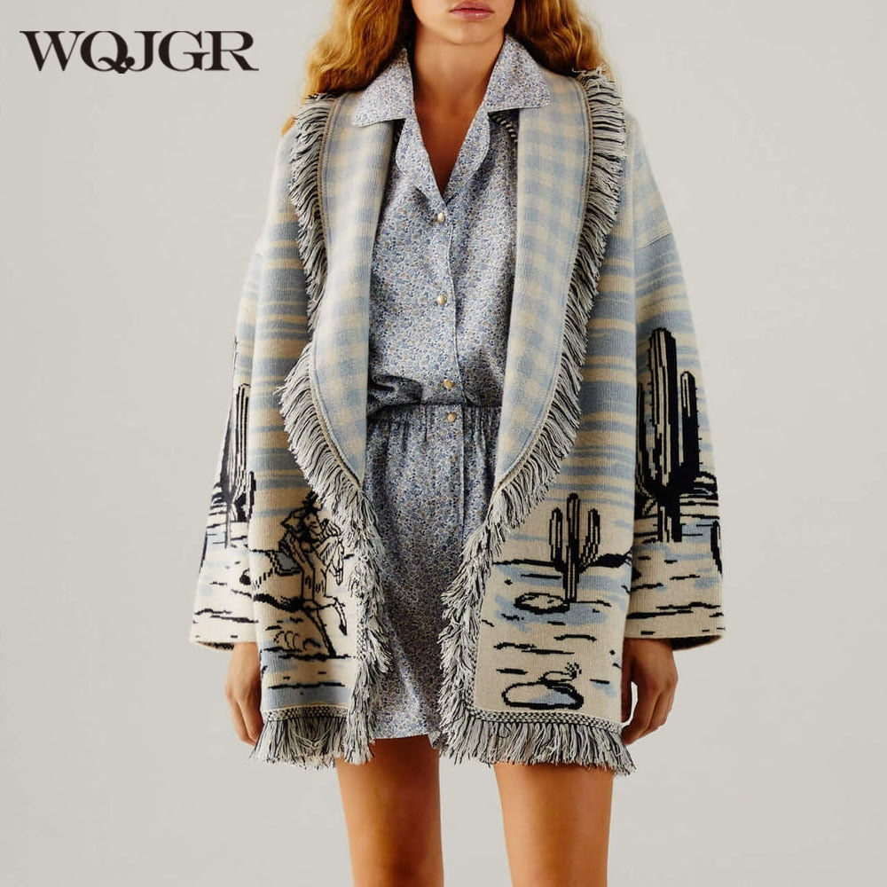 New Cactus Jacquard Cardigan Large Polo Neck Sweater Temperament Commuting European and American Foreign Trade Mid length Coat