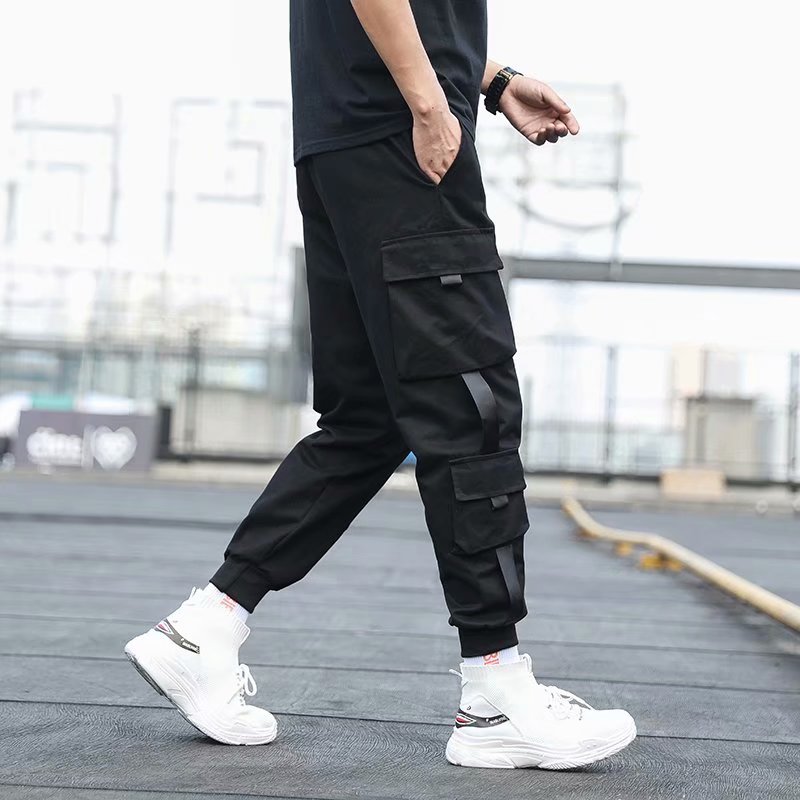 Men's Side Pockets Cargo Harem Pants Ribbons Black Hip Hop Casual Male Joggers Trousers Fashion Casual Streetwear Pants