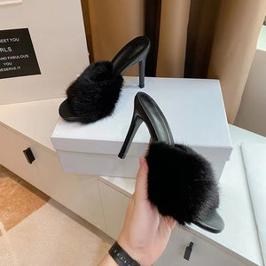 New slim heel open-toe sandals women's mink hair sexy fashion one-half hair high-heeled sandals