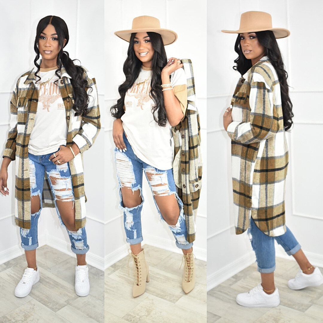 ANJAMANOR Elegant Fashion Checkered Coat Women Autumn Winter Clothing  Single Breasted Long Flannel Plaid Jacket D74-DG57