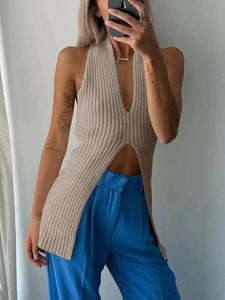 Yedinas Streetwear Knitted Sleeveless Tank Top Women V Neck Split Korean Fashion Cropped Feminino  Summer Ladies Tops Y2k