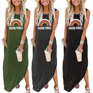 Women's Dress Good Vibes Rainbow Pocket Casual Sleeveless Maxi Dress