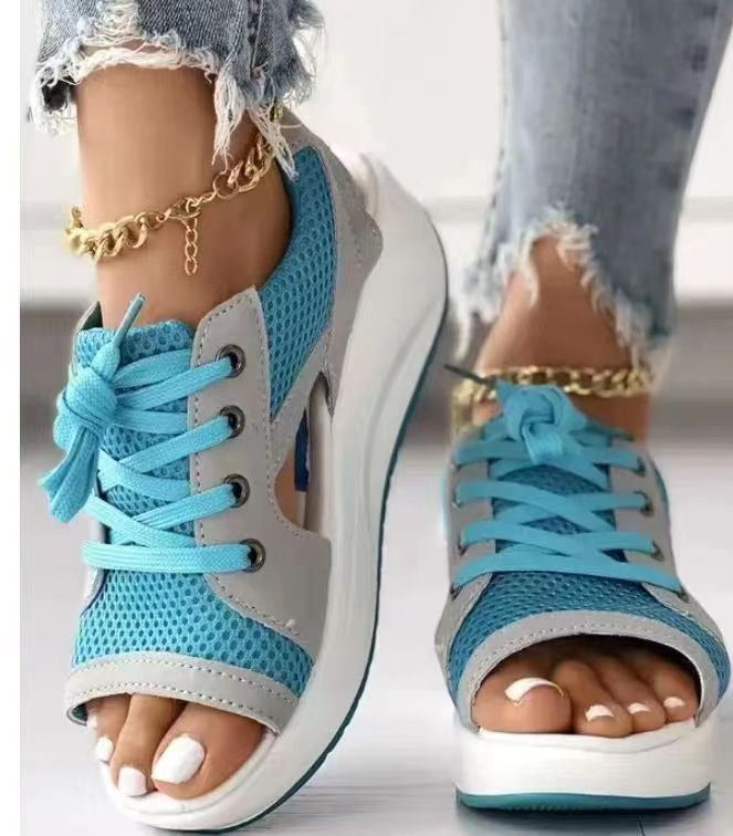 Summer Women Sandales Fashion Shoes Casual Flat Peep Toe Contrast Paneled Cutout Lace-up Muffin Sandals Platform Sport Sandalias