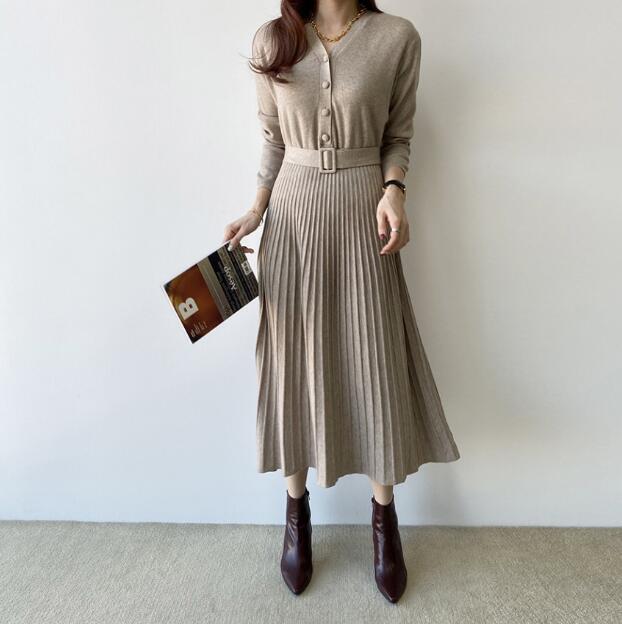 V-neck Single-breasted Women Thicken Sweater Dress  Autumn Winter Knitted Belted Female A-line soft dresses