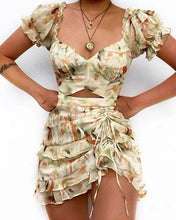 Load image into Gallery viewer, European and American Fashion Printed Drawstring Ruffle Sexy Short Sleeved Dress
