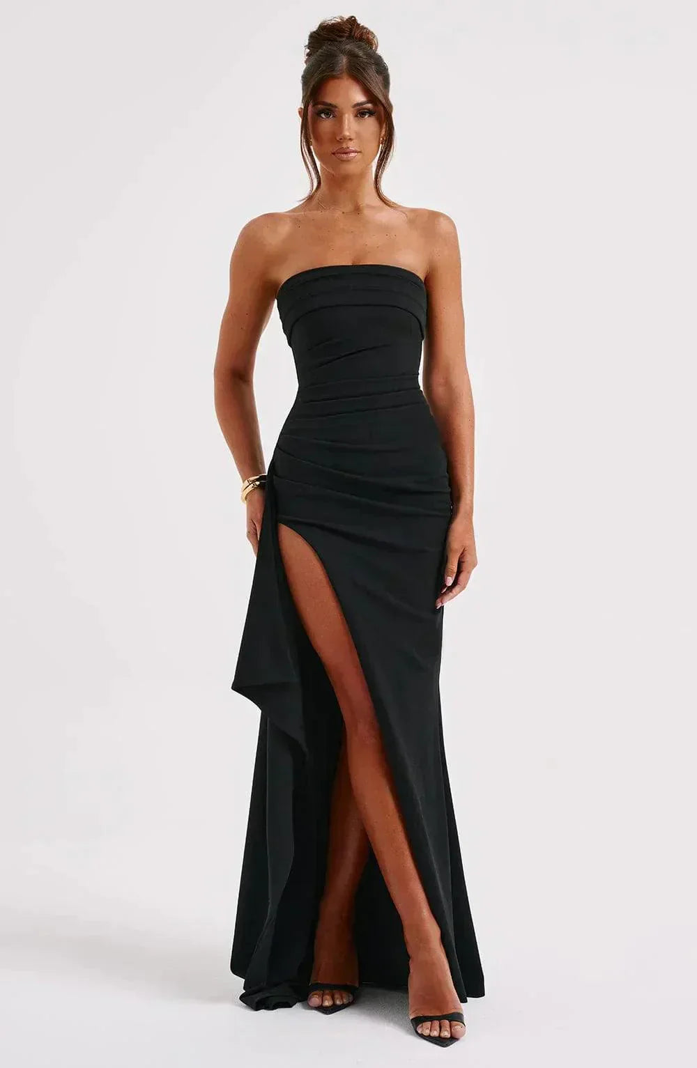 Women’s Formal Strapless Maxi Dress with Fitted Bodice and Thigh-High Slit