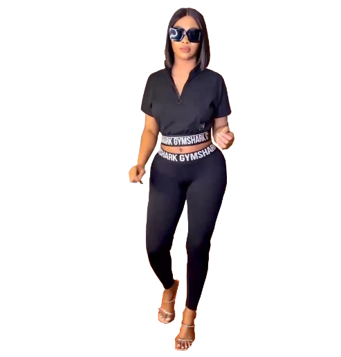 European and American women fashion casual printing black two piece set