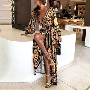 Vintage gold print maxi dress women Elegant long sleeve loose boho dress V neck split sexy party dress