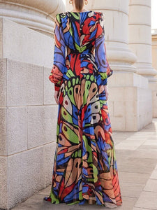 VGH Ruched Print Long Dress For Women V Neck Lantern Sleeve High Waist Colorblock Slim Dresses Female Spring  Style Clothes