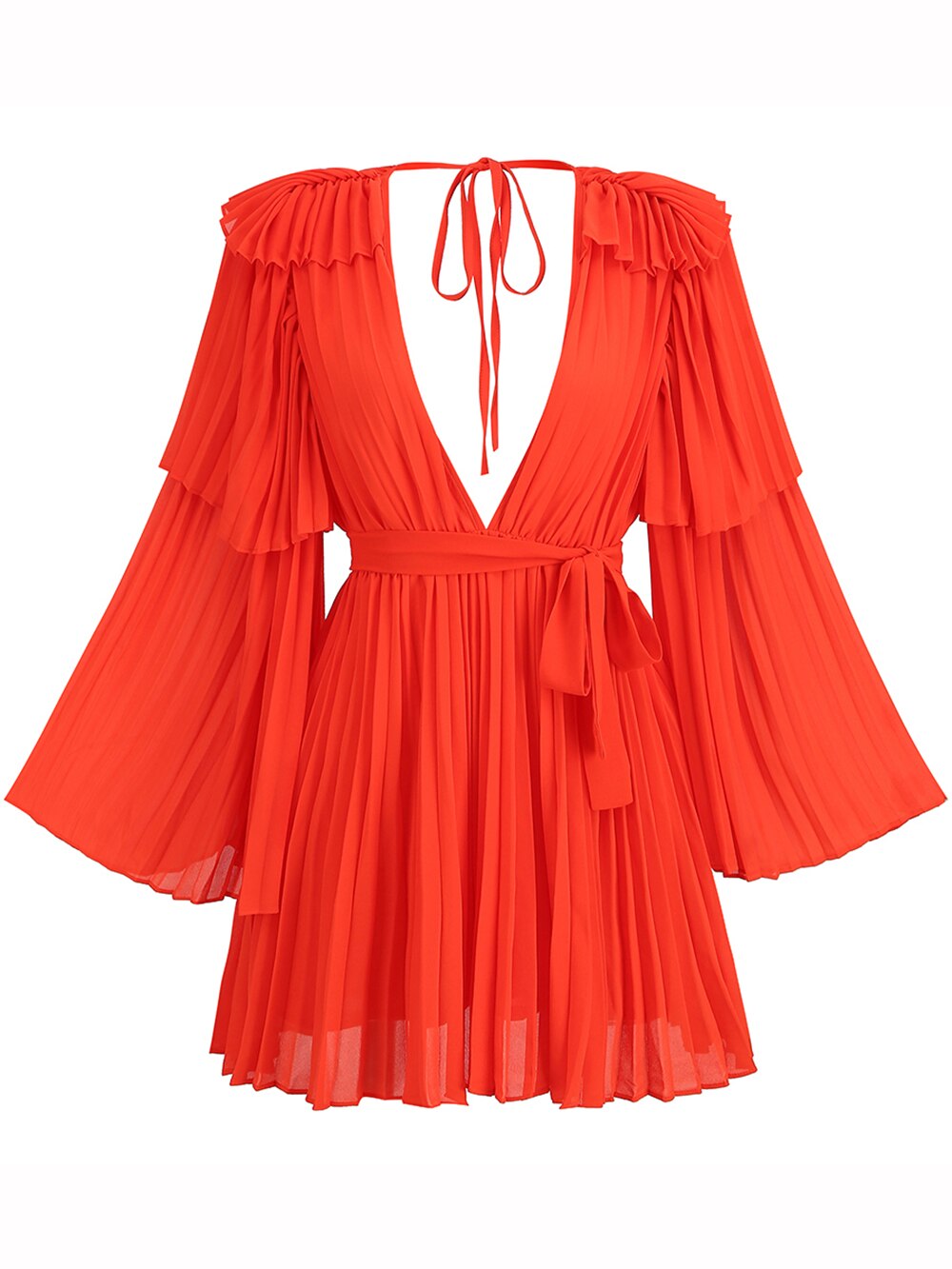 Modphy  Summer New Flare Long Sleeve V-neck Bright Pleated Women Sexy Empire Waist Party Chiffon Dress Draped Vestidos