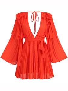 Modphy  Summer New Flare Long Sleeve V-neck Bright Pleated Women Sexy Empire Waist Party Chiffon Dress Draped Vestidos