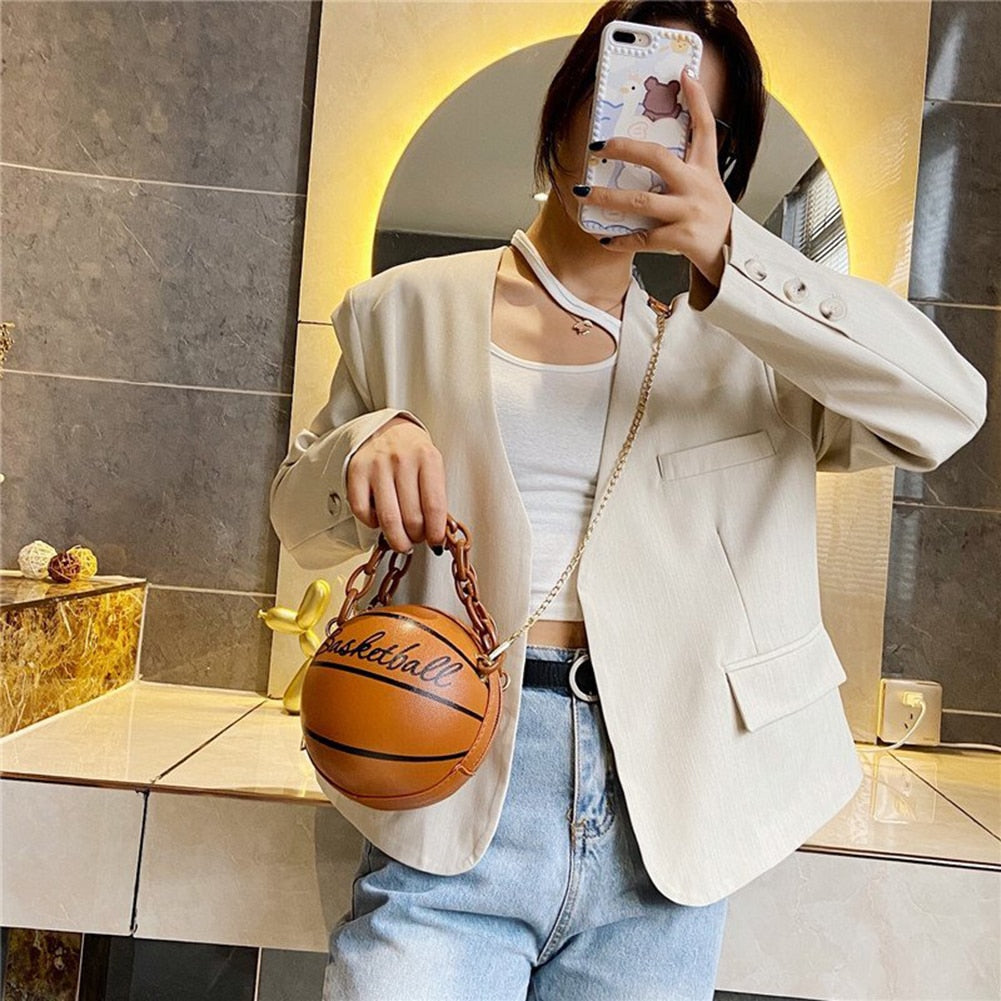 Personality female leather pink basketball bag new ball purses for teenagers women shoulder bags crossbody chain hand bags