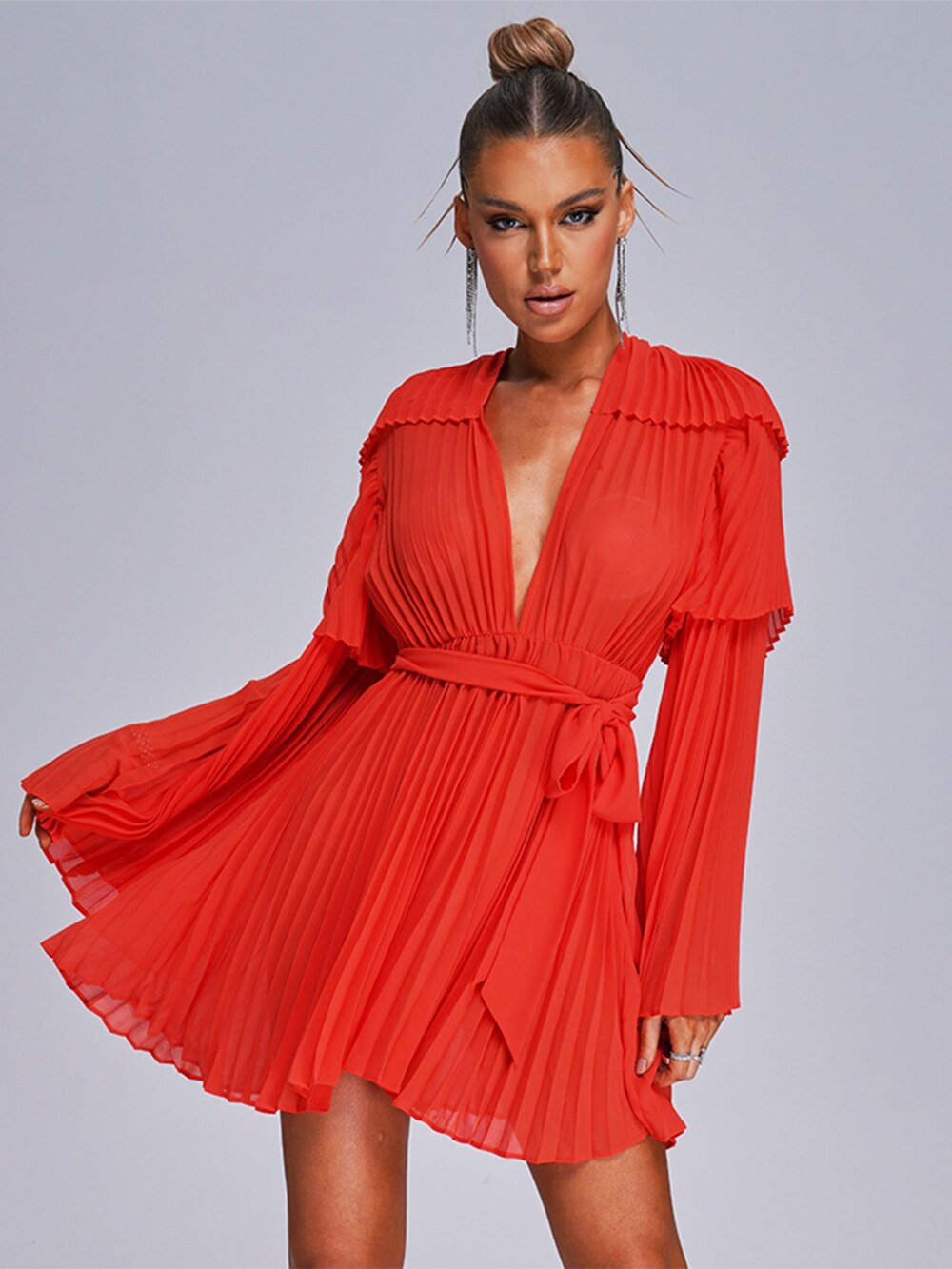 Modphy  Summer New Flare Long Sleeve V-neck Bright Pleated Women Sexy Empire Waist Party Chiffon Dress Draped Vestidos