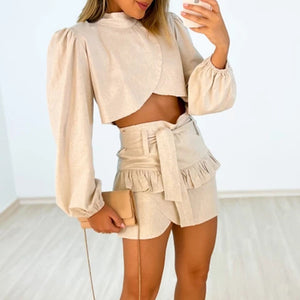 Women's Summer Sweet Half High Neck Long Sleeve Shirt Lace up High Waist Ruffle Short Skirt Set