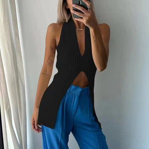 Yedinas Streetwear Knitted Sleeveless Tank Top Women V Neck Split Korean Fashion Cropped Feminino  Summer Ladies Tops Y2k