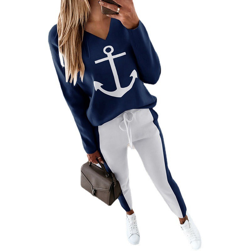 Spring New European and American Womens Boat Anchor Print Long Sleeve V Neck Fashion Casual Set