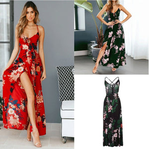 Red Floral Print backless summer dress Women deep V neck bohemian maxi dress Spaghetti irregular long dress