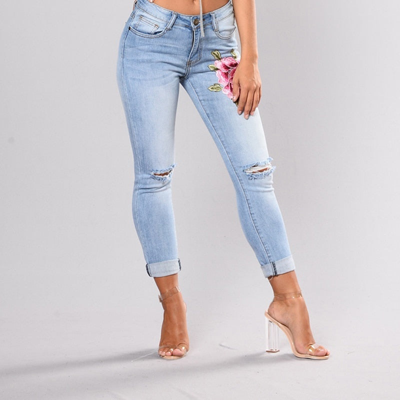 Floral Print Stretch Denim Pants