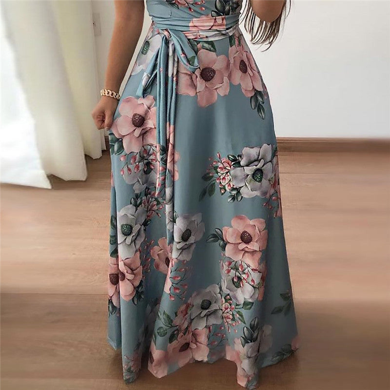 Women Summer Dress  Casual Short Sleeve Long Dress Boho Floral Print Maxi Dress Turtleneck Bandage Elegant Dresses Vestido