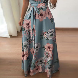 Women Summer Dress  Casual Short Sleeve Long Dress Boho Floral Print Maxi Dress Turtleneck Bandage Elegant Dresses Vestido