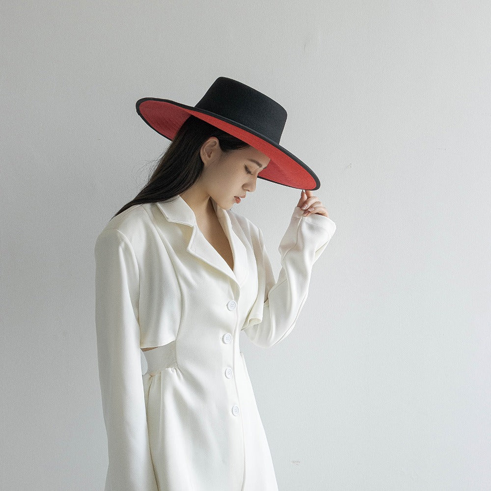 Double-layer color matching woolen large brim top hat for women's fashion show design, shopping big brim hat