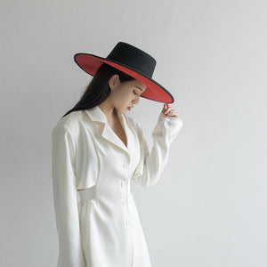 Double-layer color matching woolen large brim top hat for women's fashion show design, shopping big brim hat