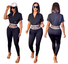 Load image into Gallery viewer, European and American women fashion casual printing black two piece set
