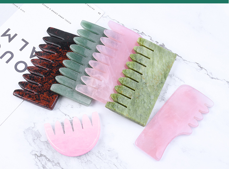 Natural Jade Hair Massager Comb Rose Quartz GuaSha Tool Stone SPA Acupuncture Scraper Board Release Head Pressure Health Care