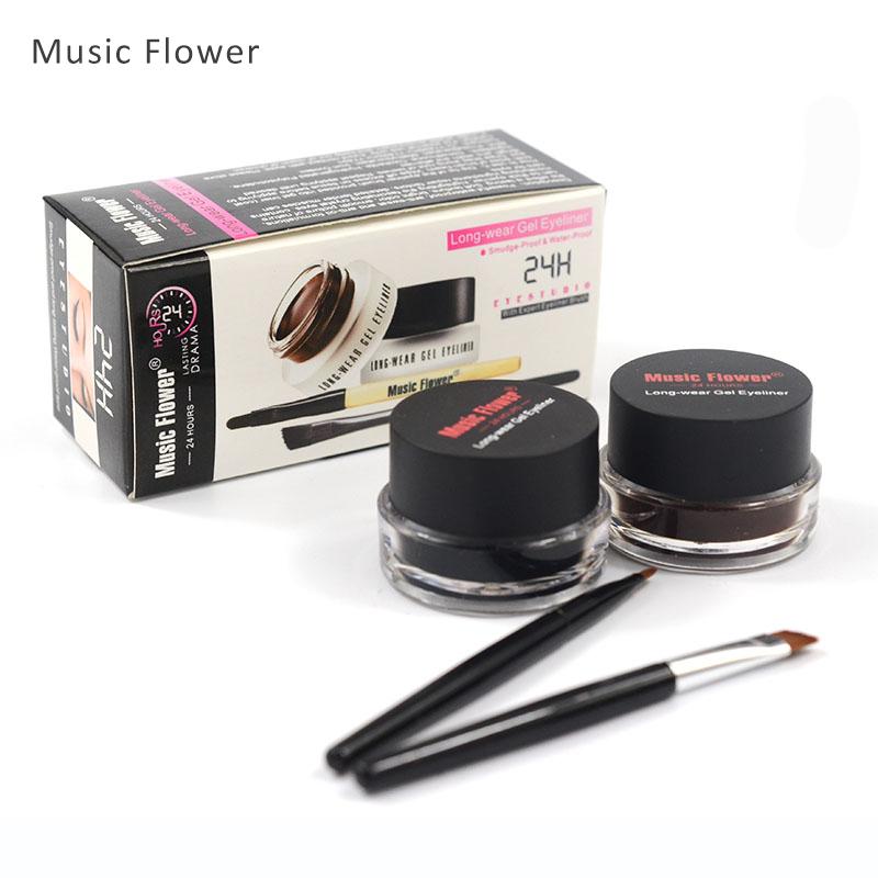 Music Flower 2 in 1 Coffee + Black Gel Eyeliner Make Up Waterproof Eye Liner Cosmetics Set Eyeliner Pens Makeup Brushes Set