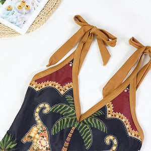 Sexy One Piece Swimsuit Skirt V Neck Female Print Monokini Swimwear Beach Dress Bathing Suit Skirt Cover Up Summer