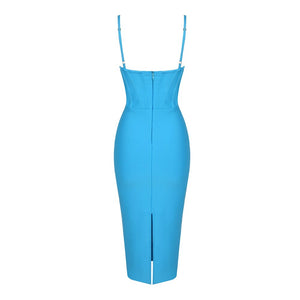 JUNE LIPS Latest Fashion Women New Arrival High Quality Blue Straps Knee Length Bandage Dress Party Evening Dress Wholesale