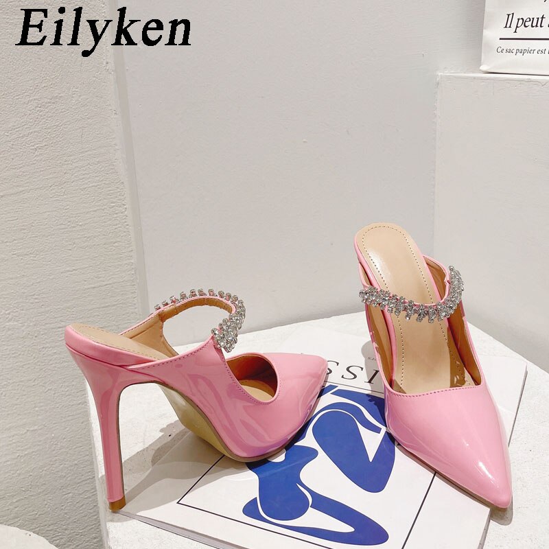 Fashion Design Crystal Pumps Women Sexy Pointed Toe High Heels Sandals Wedding Bride Prom Mules Slippers Shoes