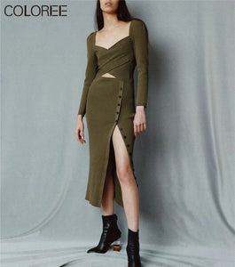 Runway Designers Dress Women 2023 Vintage Army Green Long Sleeve Knitted Sweater Dresses Korean Fashion Fall Outfits