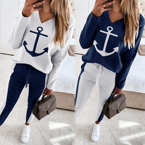 Spring New European and American Womens Boat Anchor Print Long Sleeve V Neck Fashion Casual Set