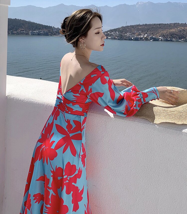 Women Vintage Red Blue Printed Maxi Dress Deep V-Neck Backless Lantern Sleeve High Waist Holiday Long Dress