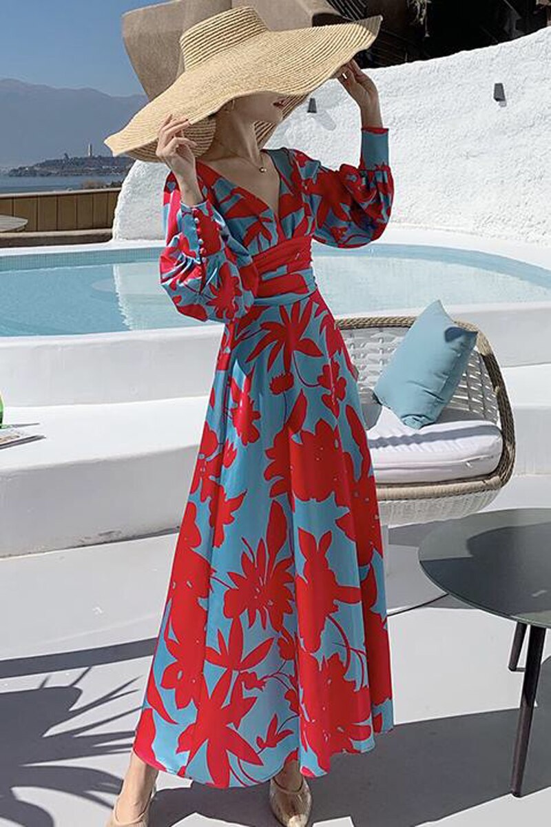 Women Vintage Red Blue Printed Maxi Dress Deep V-Neck Backless Lantern Sleeve High Waist Holiday Long Dress