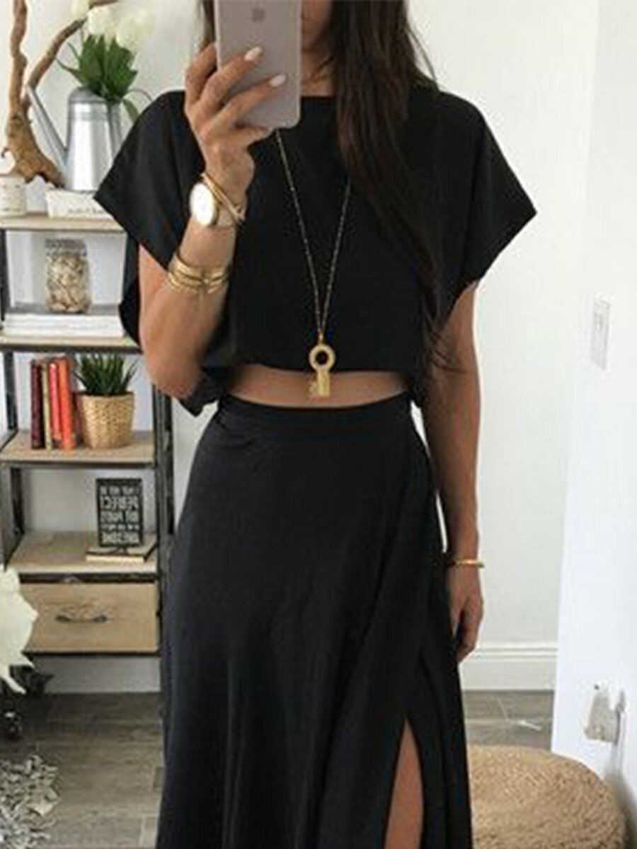 New Women Casual T-Shirt And Slit Skirt Fashion Set