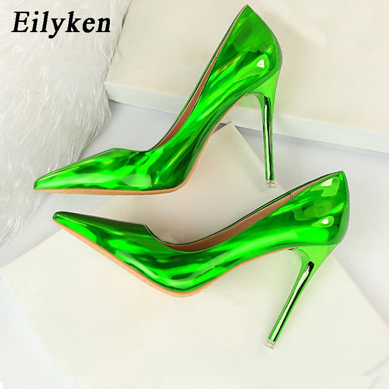 Eilyken New Women Pumps Sexy Fetish Green Red 10.5cm High Heels High Quality Patent Leather Pointed Toe Ladies Office Shoes