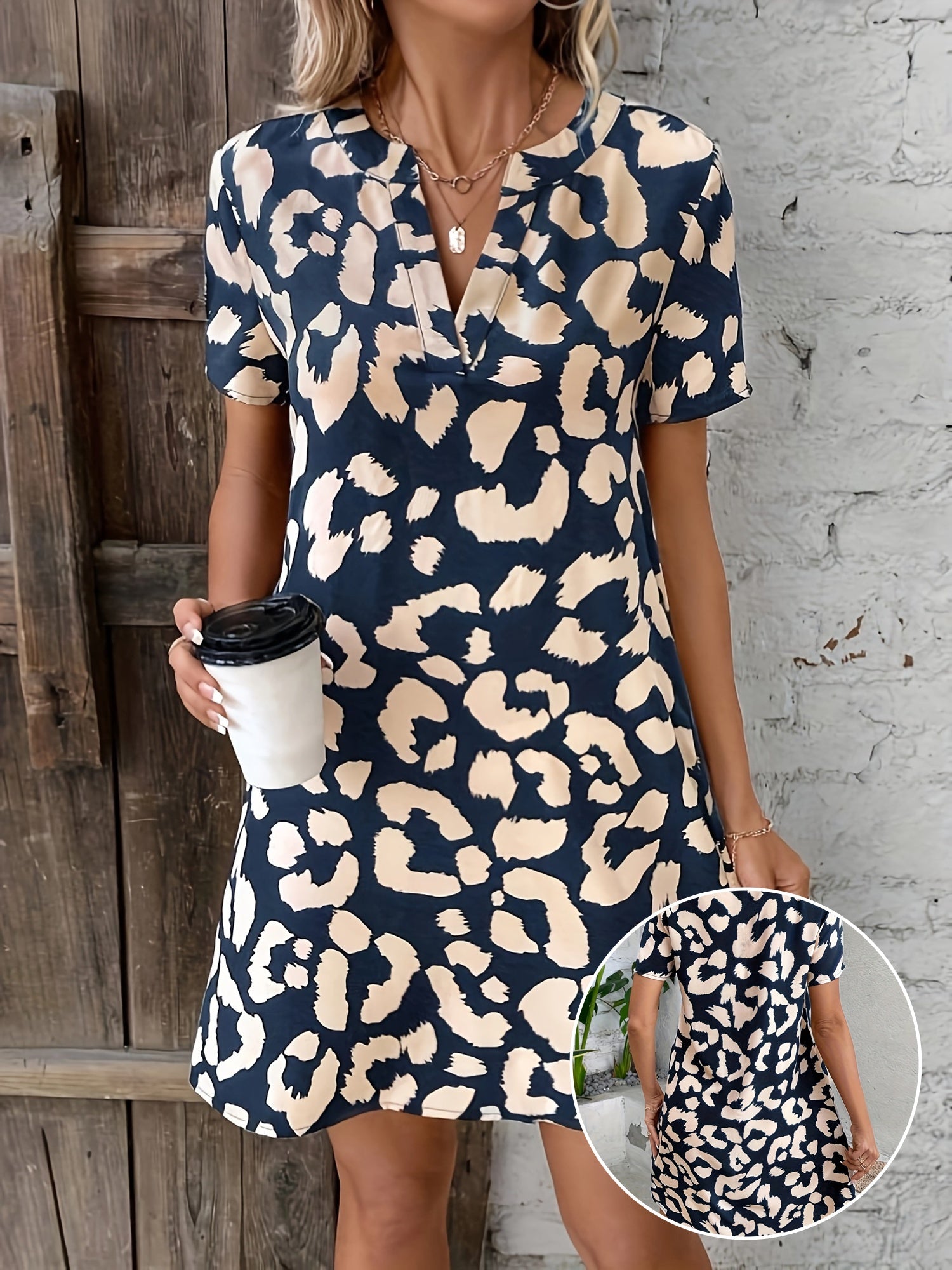 Women's V-Neck Dress Leopard Print Short Sleeve Polyester