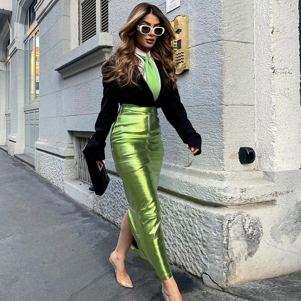 Sexy Sparkly Slit Long Skirts Women High Waist Metallic Green Slim Maxi Skirt Summer Harajuku Elegant Fairy Grunge Clothes