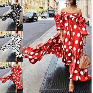 Boho Dress Off Shoulder Polka Dot Dress Women Casual Maxi Dress