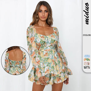 New Floral Digital Printing Womens Neck Zipper Strap Long Sleeve jumpsuit European and American Fashion Shorts