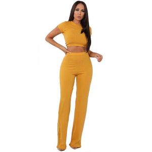 New Fashion Casual Suit Women's High Elastic Cotton Pit Strip Wide Leg Pants Two-Piece Set