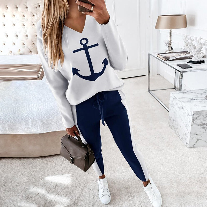 Spring New European and American Womens Boat Anchor Print Long Sleeve V Neck Fashion Casual Set