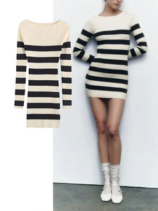 TRAF Women Knitted Dress Fashion Striped Slim Fitting Mini Dress Vintage O-Neck Long Sleeves Female elegant chic women dresses